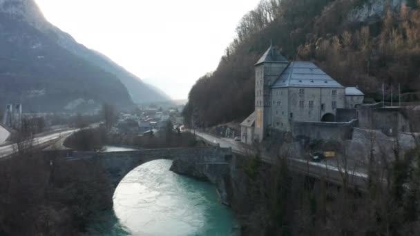 Aerial Beautiful Old Castle Saint Maurice Blue River — Stockvideo