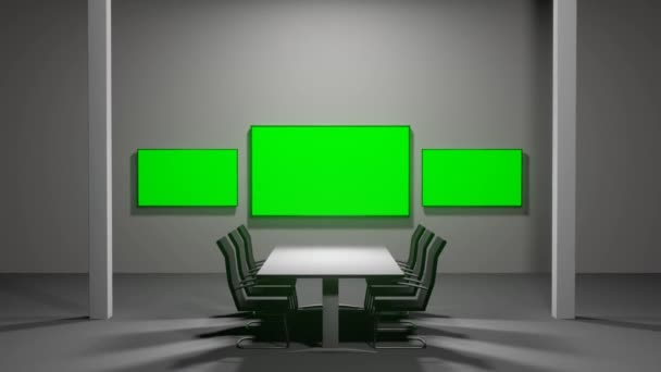 3つの空の緑の画面テレビ画面を持つオフィス 中央フラットスクリーン3Dレンダリングオフィスシーンアニメーションへのカメラの動き — ストック動画