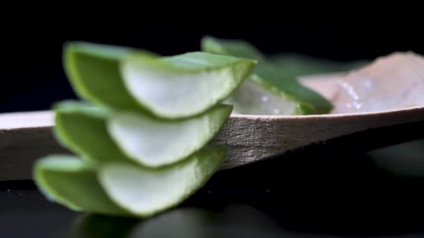 Fresh Aloe Vera Sliced Black Background Green Herb Concept Cosmetic — Stock video