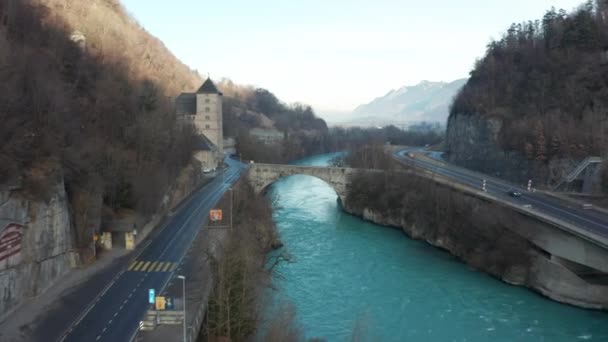 Drone Flying Old Monumental Bridge Crossing Beautiful Blue River — Wideo stockowe