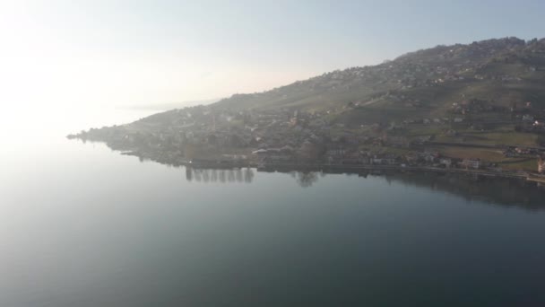 大きな湖の海岸で美しい小さな町の遠くの空中ビュー — ストック動画