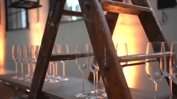 Slow Motion Empty Champagne Glasses Standing Wooden Shelf Weeding — Video Stock