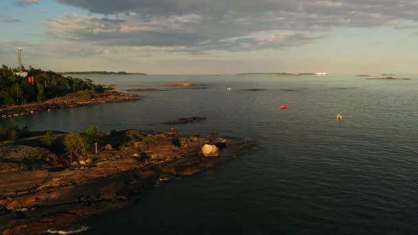 Aerial Drone View Passing People Fishing Summer Sunset Helsinki Archipelago — Stock Video