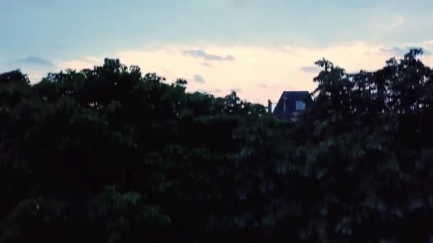 Drönare Kamera Stiger Från Ovan Träd Och Avslöjar Röda Fasadhus — Stockvideo