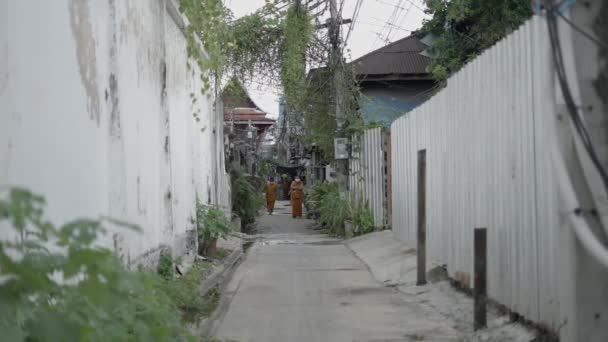 Group Funny Young Thai Monks Walking Rural Bangkok Street Wearing — ストック動画