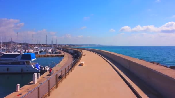 Frontal Traveling Promenade Visualizing Stones Boats Port Sea Aerial View — Wideo stockowe