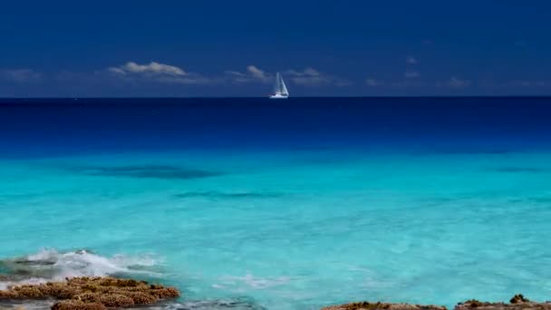 在地平线上 一艘帆船在法属波利尼西亚法卡拉瓦环礁令人难以置信的美丽的蓝色泻湖上航行 — 图库视频影像
