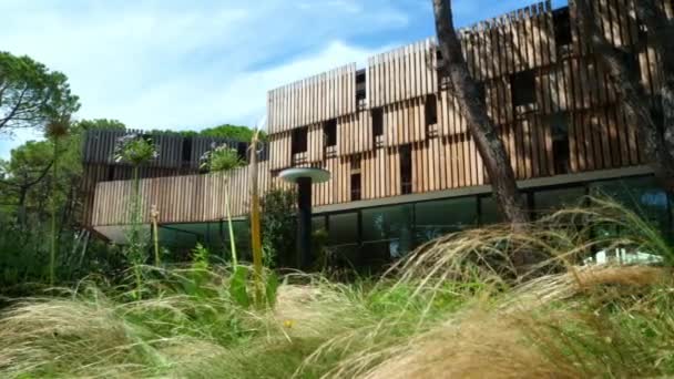 意大利美丽的现代建筑 有天然的褐色木材和玻璃 还有许多在风中飘扬的绿色植物 背景是高大的松树 有羽毛状的云彩 — 图库视频影像