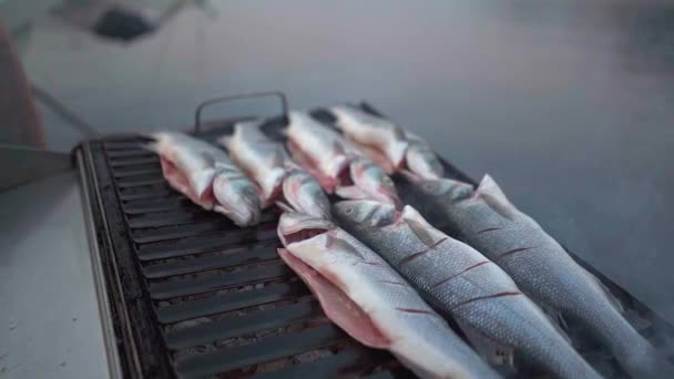 Rauch Steigt Auf Vom Außengrill Mit Kleinen Entkernten Fischen Segeljacht — Stockvideo