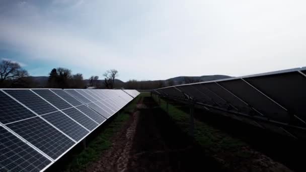 Słońce Odbija Się Paneli Słonecznych Wiejskiej Elektrowni Zielonej Energii Antena — Wideo stockowe