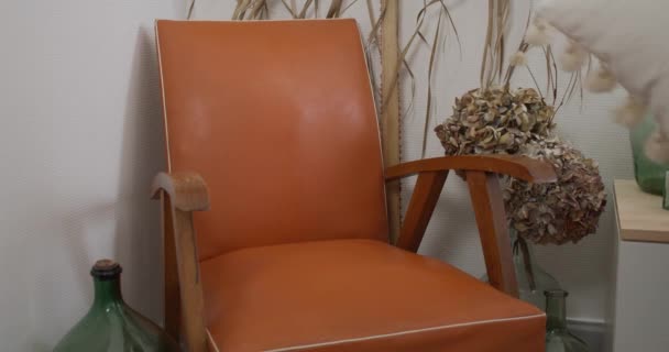 Persoon Zet Knus Kussen Houten Fauteuil Home Decor Close Zicht — Stockvideo