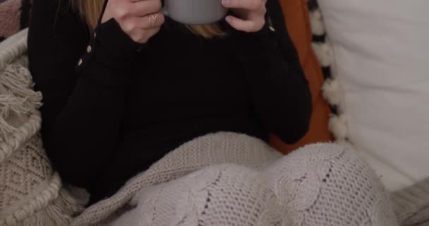 Attractive Woman Holding Hot Cup Tea While Sitting Couch Warm — Stockvideo