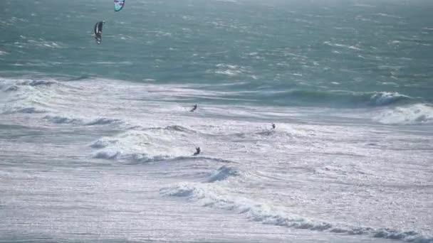 Szeroki Strzał Wielu Kite Surfer Pokład Falach Oceanu Spokojnego Wietrzny — Wideo stockowe