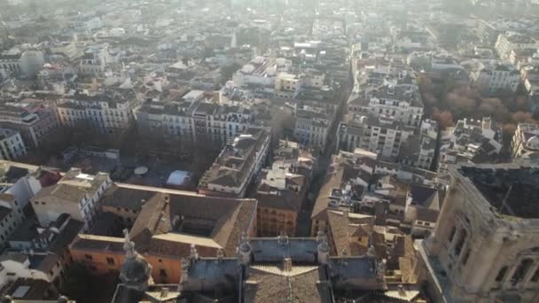 Aerial Pullback Historic Granada Cathedral Golden Hour Light — Stockvideo