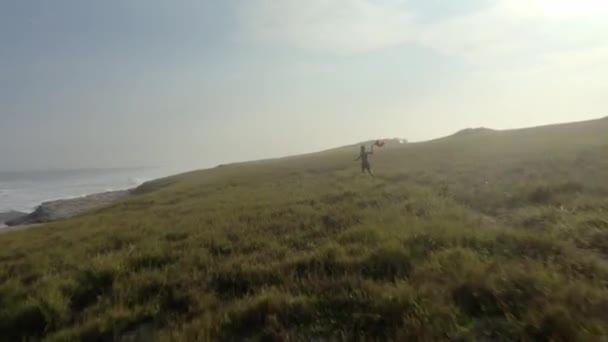 Young African Boy Running Flag Close Sea — 비디오