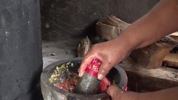 Woman Preparing Red Mexican Salsa Molcajete — Videoclip de stoc