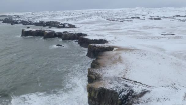 Arnarstapi Village Snaefellsnes Beautiful Coastline Gatklettur Wintertime Iceland Повітряний Пульс — стокове відео