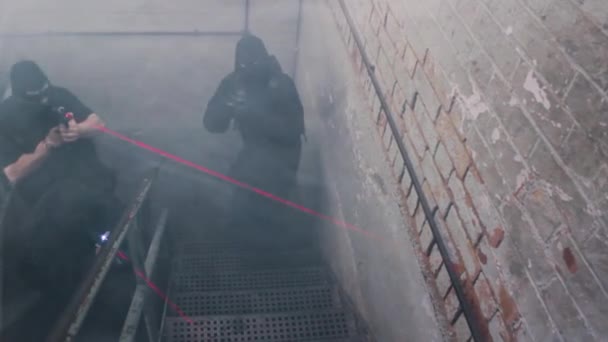 Special Forces Swat Team Ascends Stairwell Guns Laser Sights Wearing — Stockvideo