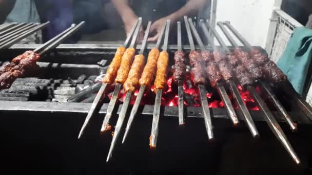 Closeup Shot Cooking Beef Seekh Kebab Griller Shot Cooking Seek — Stock video