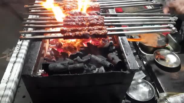 Großaufnahme Von Hammelfleisch Seekh Kabab Das Erstaunlicherweise Über Einem Kohleofen — Stockvideo