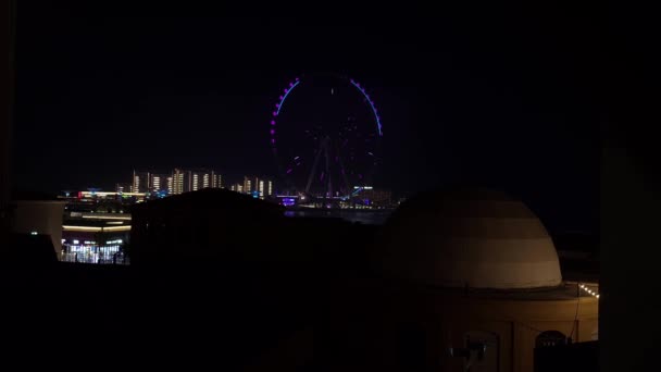 Wide Night View Dubai Eye Light Show Largest Ferries Wheel — Stockvideo