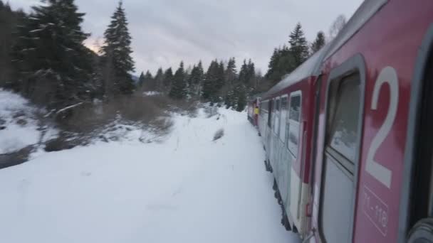Railroad Carriage View Travelling Winter Snow Landscape High Tatras Slovakia — 图库视频影像
