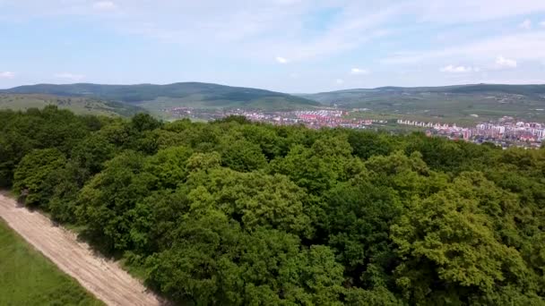 Drone view over Hoia Baciu forest and Baciu village in the distance, near Cluj Napoca city in Romania.