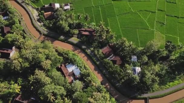 Vista Aérea Panorama Aldeia Nanggulan Que Olha Sinuoso Rio Mataram — Vídeo de Stock