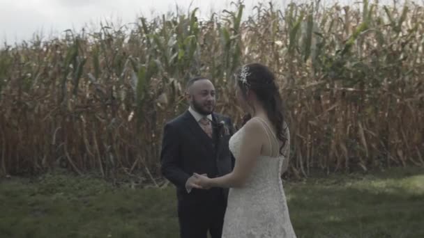 Los Recién Casados Toman Mano Miran Románticamente Los Ojos Con — Vídeos de Stock