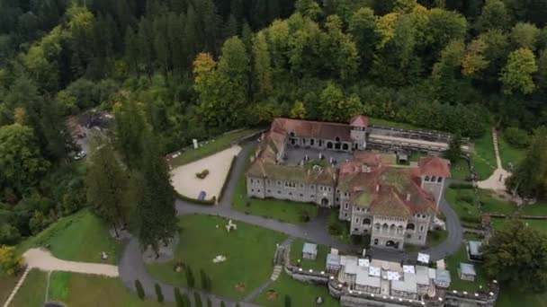 Letecký Pohled Velký Palác Jeho Zahrady Mezi Horskými Stromy Zamračeného — Stock video