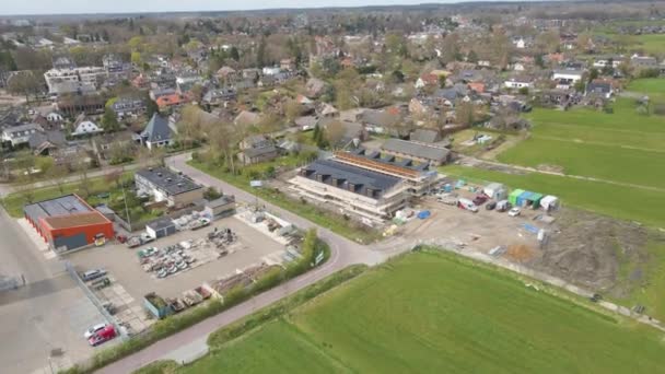 Aerial Busy Construction Site Were New Buildings Solar Panels Rooftop — Video