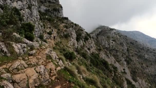 Moving Shot Hikers Walking Top Mountain Side Spain — Stock Video