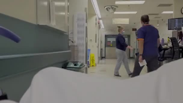 Medical Bed Patient Getting Pushed Hospital Corridors Back View Hospital — Vídeo de stock