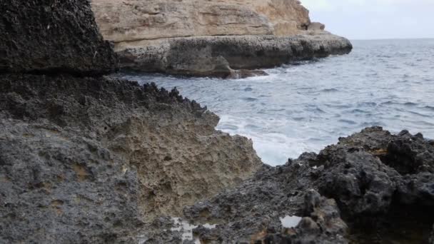 Slow Motion Wave Crashes Rugged Cliff Splashes High Air Ibiza — Stockvideo