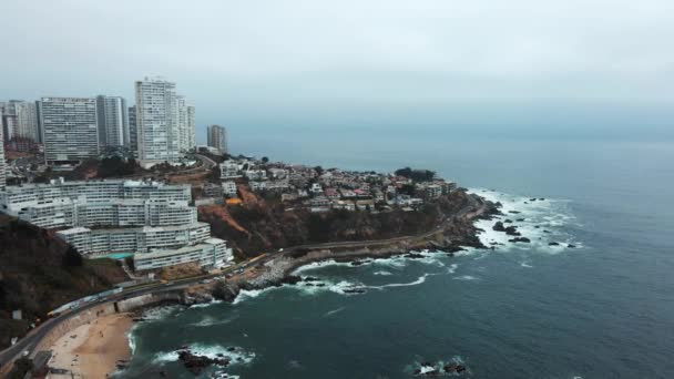 Aerial View Concn City Buildings Houses Hillside Ocean Coast — Stockvideo