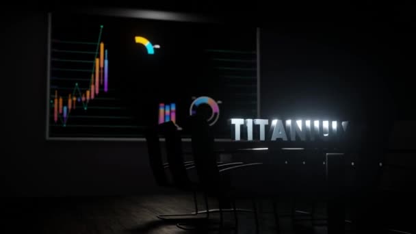 Titanium Word Falling Boardroom Table Stock Market Chart Animation Wall — Stockvideo