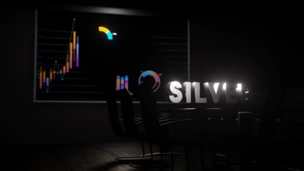 Silver Ord Faller Styrelserummet Bord Och Aktiemarknaden Diagram Animation Vägg — Stockvideo