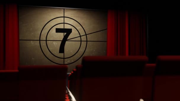 Movie theater countdown screen changing to green screen and camera moving toward. 3D render cinema green screen concept animation.