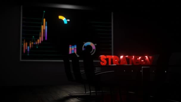 Strategy Text Boardroom Table Stock Market Chart Analysis Wall Screen — Wideo stockowe