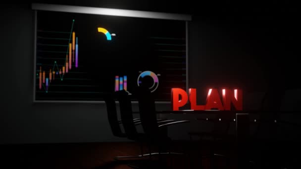 Plan Text Boardroom Table Stock Market Chart Analysis Wall Screen — Stock Video