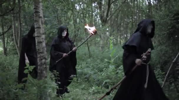 Kult Złych Zakapturzonych Druidów Przechadza Się Lesie Dokonuje Rytuału Ofiarnego — Wideo stockowe