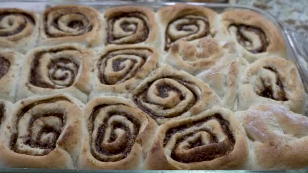 Overhead View Freshly Baked Cinnamon Rolls Hot Oven — 비디오