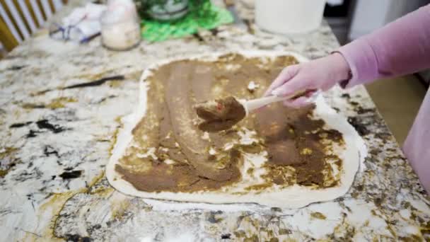 Spreading Cinnamon Brown Sugar Spices Dough Roll Cinnamon Buns — Vídeo de stock