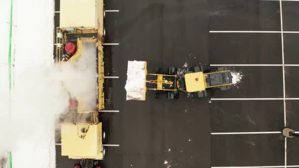 Aerial Top Snow Plow Tractor Dumping Bucket Full Snow Snow — Stock videók