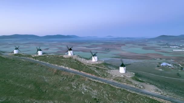 Historic Grain Grinding Windmills Mountaintop Sunset Old Technology Industrial Machinery — Video