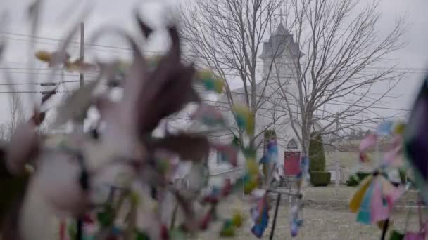 Rural Church Collection Colorful Pinwheels Foreground — Video Stock