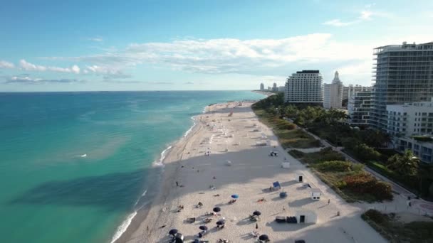 Aerial Drone View People Parasols Waves Miami Beach Sunny Florida — Stock video