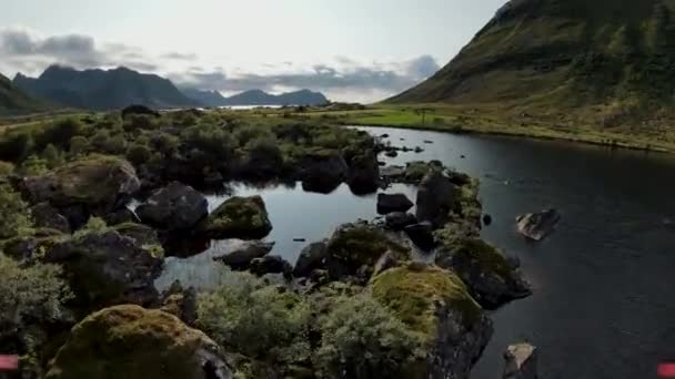 ノルウェーの海岸でいくつかの岩の上を飛んで 背景に山とロフトテン — ストック動画