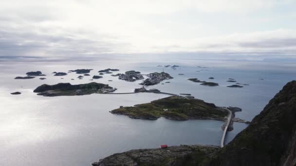 Overlooking Ocean All Connected Islands Henningsvaer Sun Breaking Clouds — Stock videók