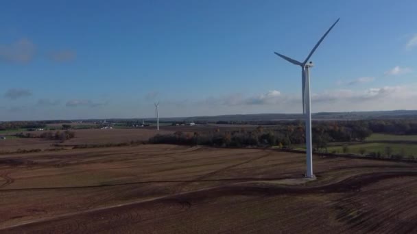 Wind Turbine Generating Power Right Farm Field Air Drone Push — Stock video